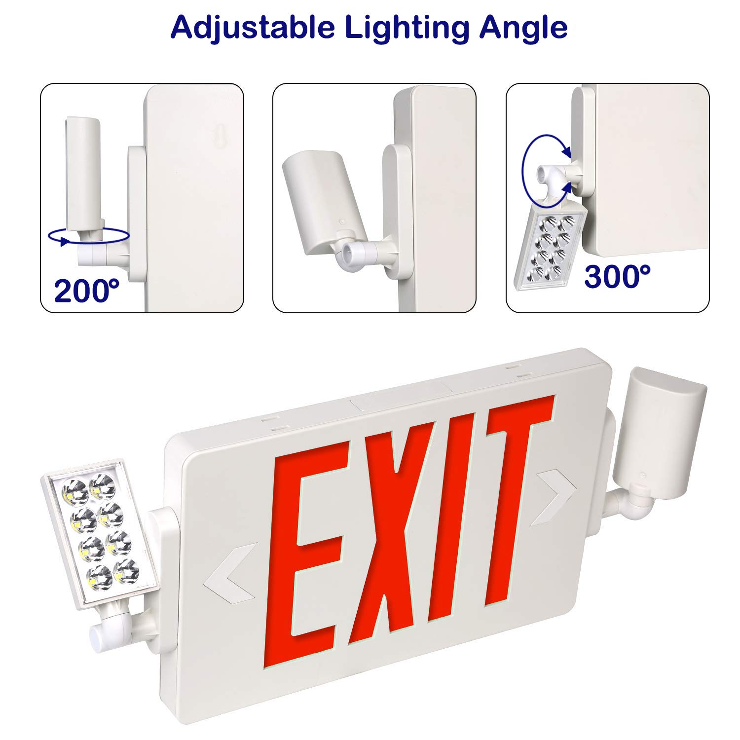 GRUENLICH LED Combo Emergency EXIT Sign with 2 Adjustable Head Lights and Double Face, Back Up Batteries- US Standard Red Letter Emergency Exit Lighting, UL 924 Qualified, 120-277 Voltage (4-Pack)