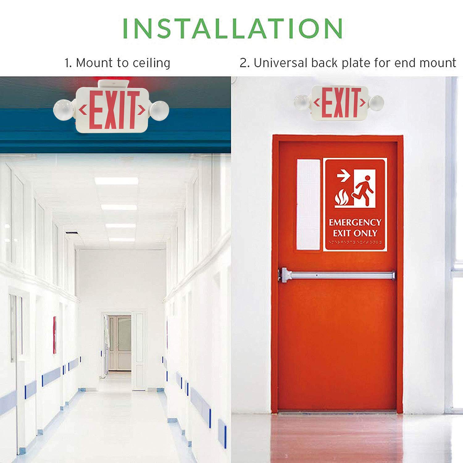 LIT-PaTH LED Combo Emergency EXIT Sign with 2 Adjustable Head Lights And Back Up Batteries- US Standard Red Letter Emergency Exit Lighting, UL 924 And CEC Qualified, 120-277 Voltage (1-Pack)