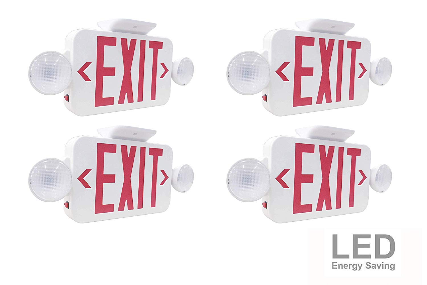 LIT-PaTH LED Combo Emergency EXIT Sign with 2 Adjustable Head Lights And Back Up Batteries- US Standard Red Letter Emergency Exit Lighting, UL 924 And CEC Qualified, 120-277 Voltage (4-Pack)