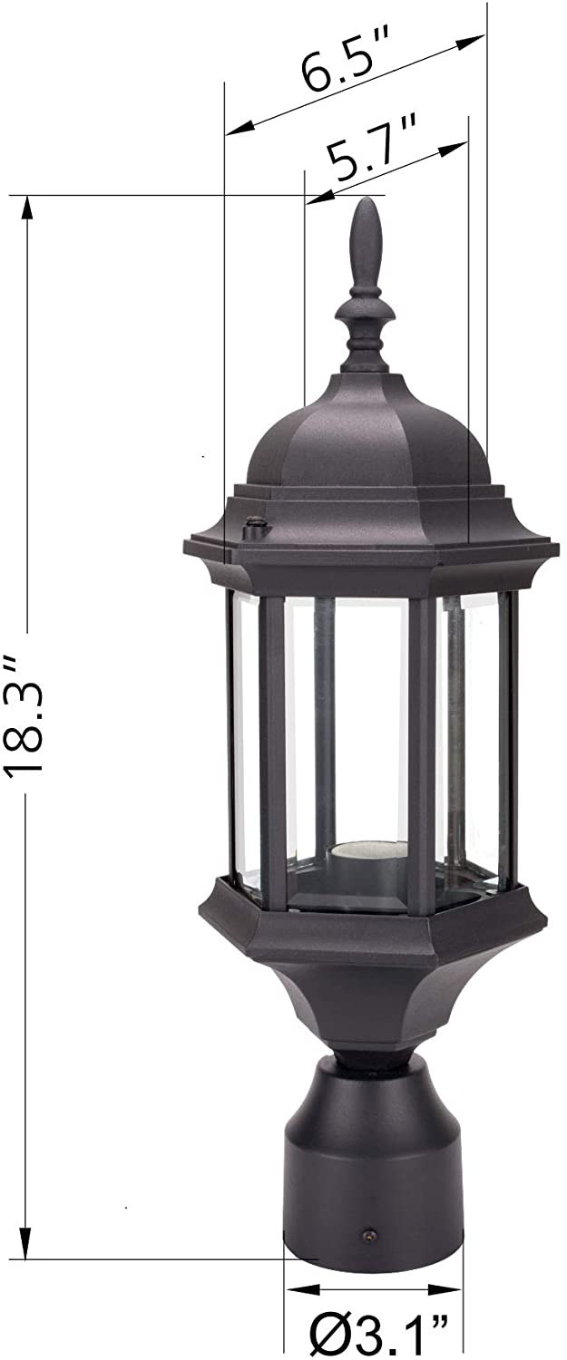 LIT-PaTH Outdoor Post Lighting Pole Lantern Fixture with One E26 Base Max 100W, Aluminum Housing Plus Glass (Black Finish)
