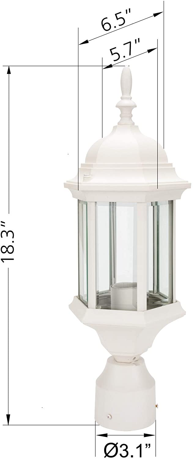 LIT-PaTH Outdoor Post Lighting Pole Lantern Fixture with One E26 Base Max 100W, Aluminum Housing Plus Glass (White Finish)